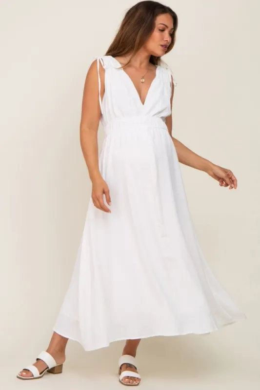White V-Neck Drawstring Shoulder Maternity Midi Dress sold by Pinkblush