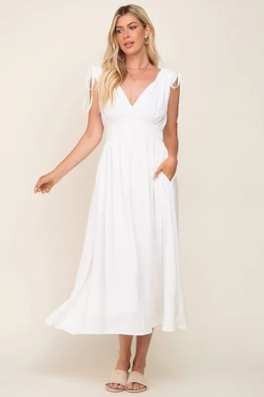 White V-Neck Drawstring Shoulder Midi Dress sold by Pinkblush
