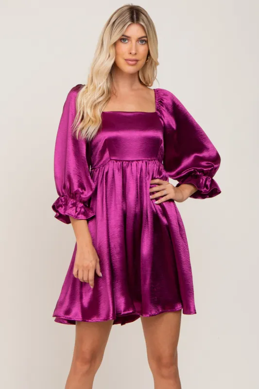 Magenta Satin Square Neck Babydoll Mini Dress sold by Pinkblush