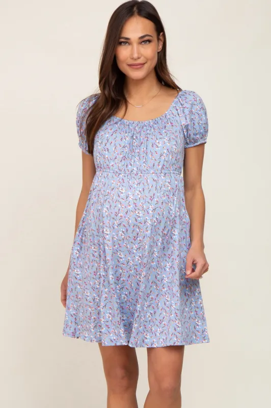 Blue Floral Short Sleeve Maternity Dress sold by Pinkblush