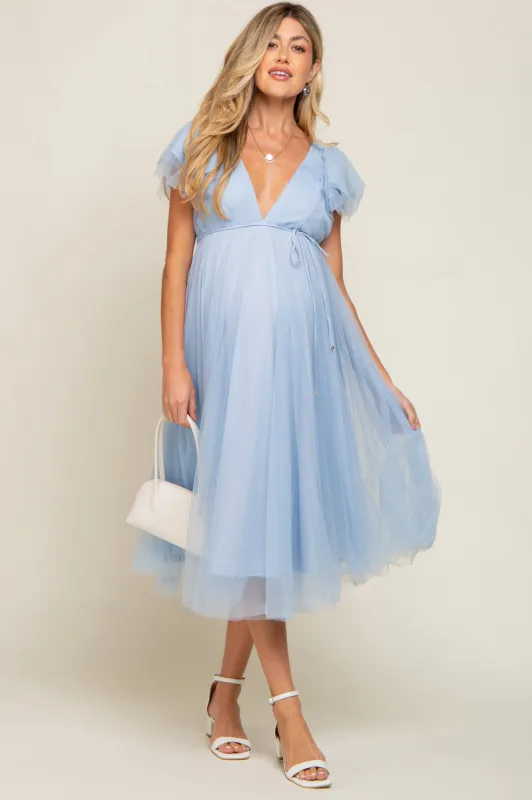 Light Blue Tulle V-Neck Flutter Sleeve Maternity Midi Dress sold by Pinkblush
