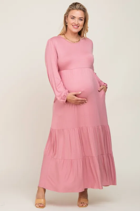 Mauve Long Sleeve Tiered Maternity Plus Maxi Dress sold by Pinkblush