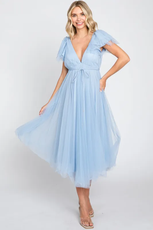 Light Blue Tulle V-Neck Flutter Sleeve Midi Dress sold by Pinkblush