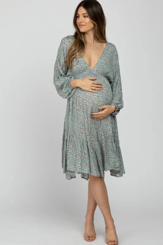 Sage Ditsy Floral V-Neck Handkerchief Maternity Dress sold by Pinkblush