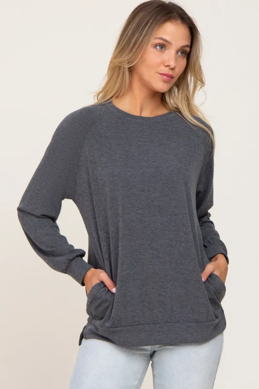 Charcoal Hi-Low Side Slit Long Sleeve Top sold by Pinkblush