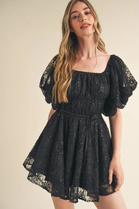 Black Sequined Lace Flared Mini Dress sold by Pinkblush