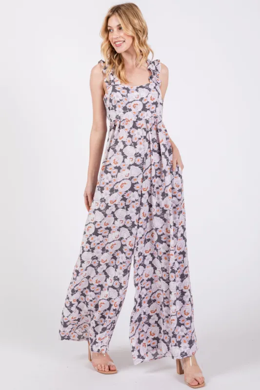 Charcoal Floral Sleeveless Tie Back Jumpsuit sold by Pinkblush