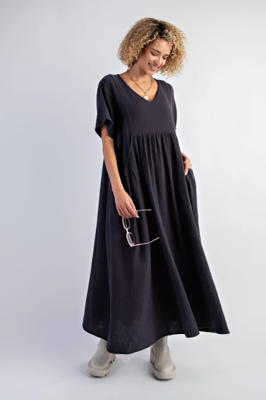 Charcoal Gauze Short Sleeve Midi Dress sold by Pinkblush