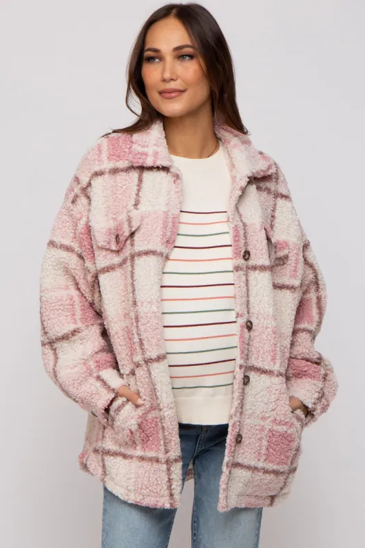 Pink Plaid Sherpa Maternity Jacket made by Pinkblush