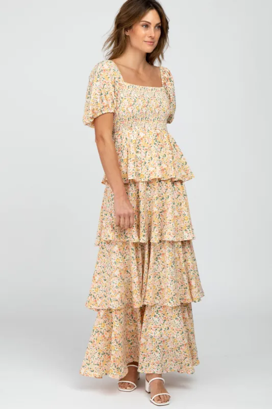 Yellow Floral Square Neck Ruffle Layered Maxi Dress sold by Pinkblush