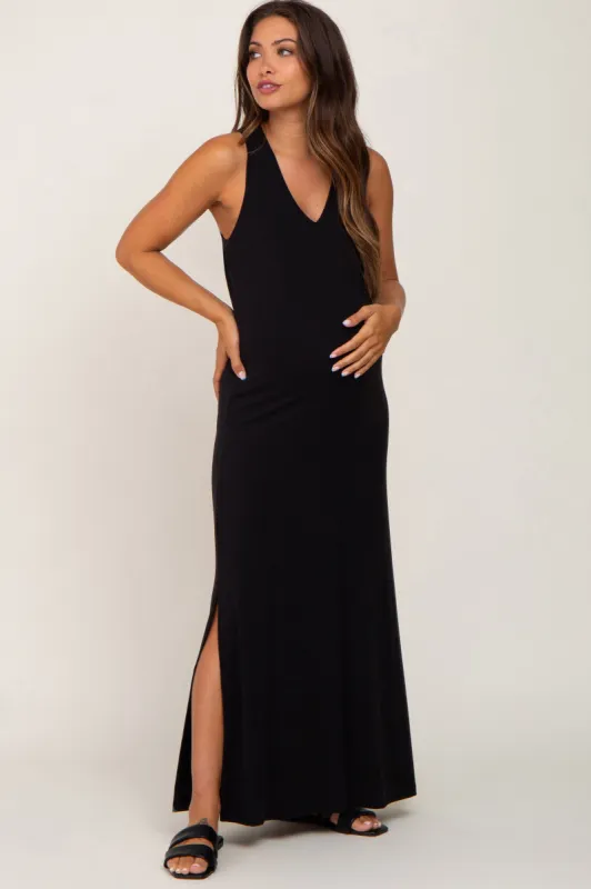 Black V-Neck Side Slit Sleeveless Maternity Midi Dress sold by Pinkblush