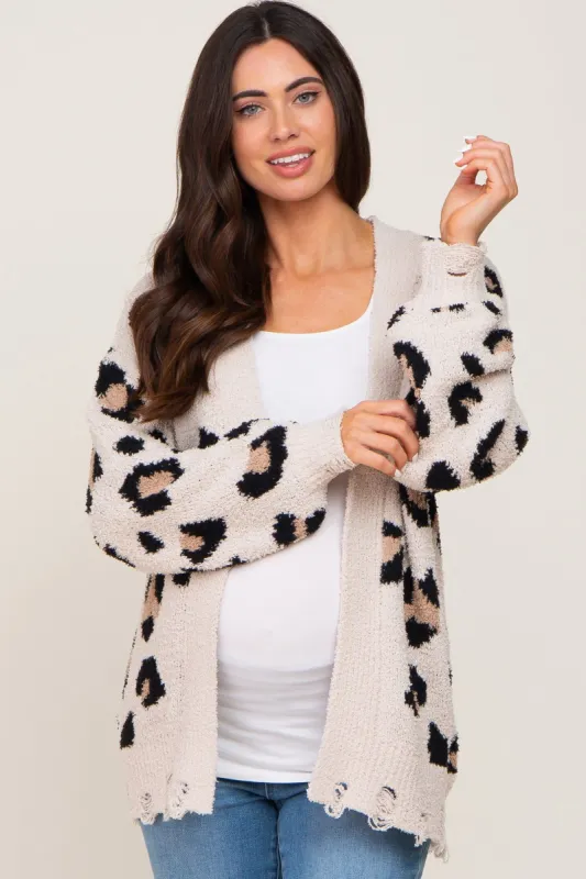 Cream Leopard Print Knit Distressed Maternity Sweater made by Pinkblush