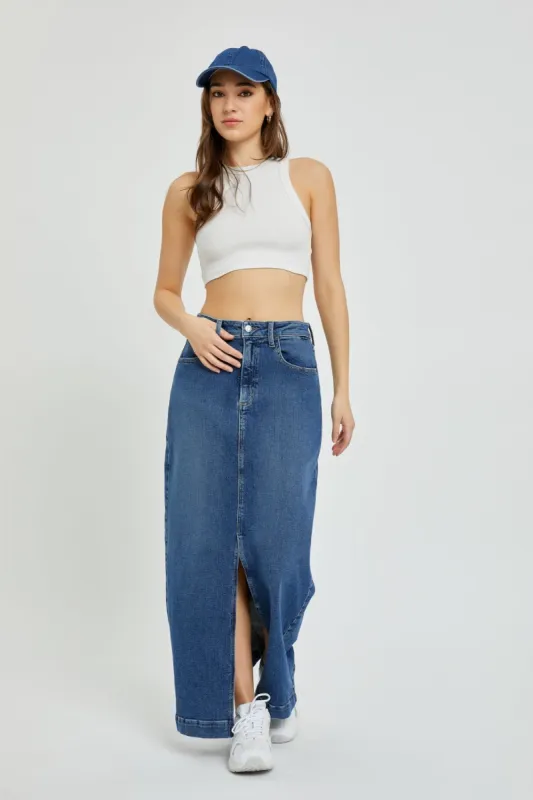 Dark Denim Basic Mid Waisted Maxi Skirt sold by Pinkblush