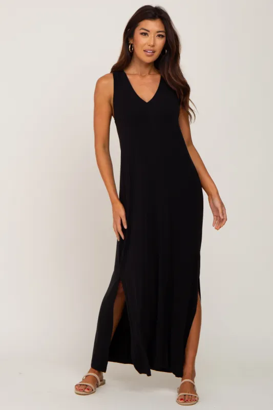 Black V-Neck Side Slit Sleeveless Midi Dress sold by Pinkblush