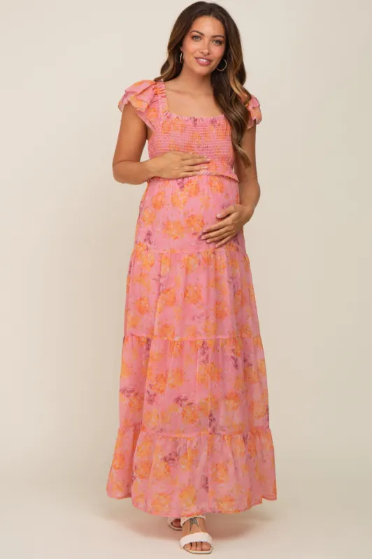 Pink Floral Ruffle Tiered Maternity Maxi Dress sold by Pinkblush