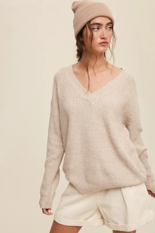 Taupe V-Neck Relaxed Fit Sweater sold by Pinkblush