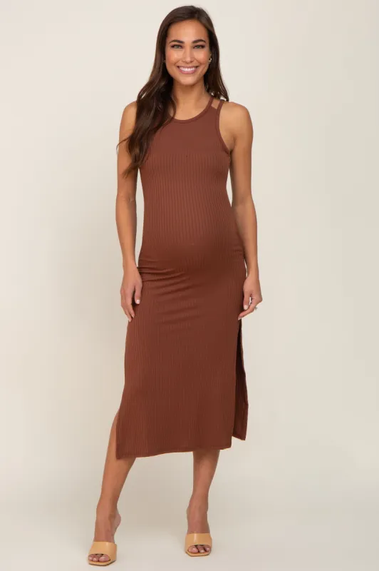 Brown Ribbed Cutout Shoulder Side Slit Maternity Midi Dress sold by Pinkblush