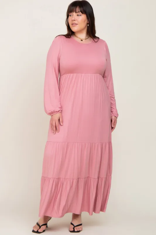 Mauve Long Sleeve Tiered Plus Maxi Dress sold by Pinkblush