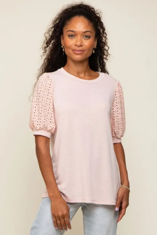 Light Pink Eyelet Lace Sleeve Top sold by Pinkblush