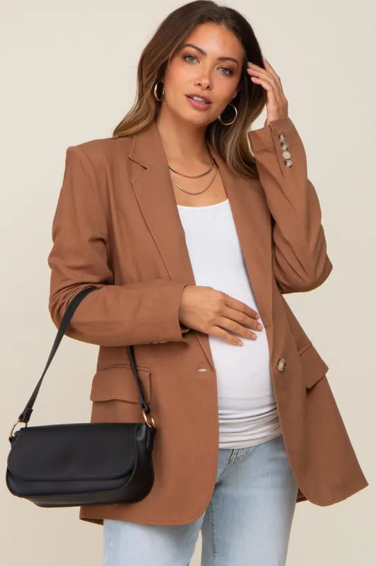 Brown Linen Front Pocket Maternity Blazer sold by Pinkblush