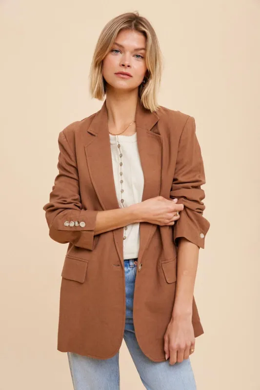 Brown Linen Front Pocket Blazer sold by Pinkblush