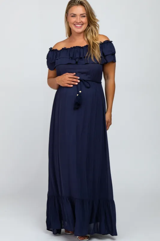 Navy Off Shoulder Tassel Tie Maternity Plus Maxi Dress sold by Pinkblush