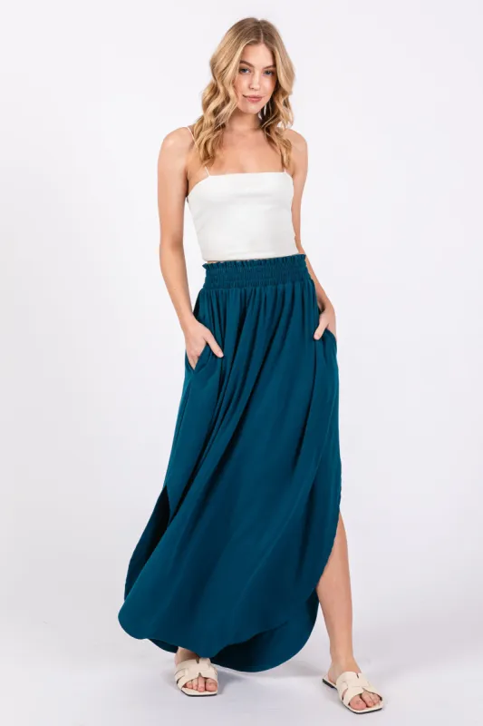 Teal Smocked Rounded Hem Maxi Skirt sold by Pinkblush