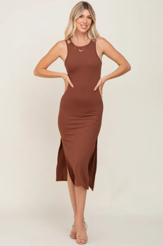 Brown Ribbed Cutout Shoulder Side Slit Midi Dress sold by Pinkblush