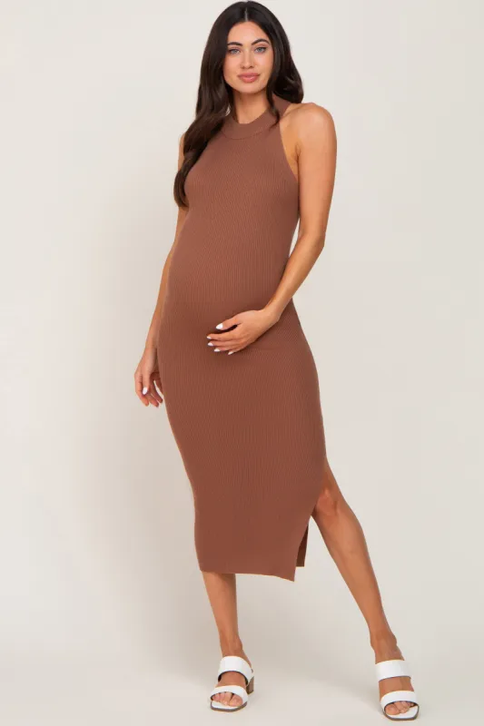 Mocha Ribbed Sleeveless Side Slit Maternity Midi Dress sold by Pinkblush