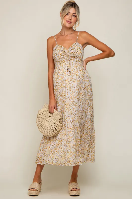 Cream Floral Cinched Top A-Line Maternity Maxi Dress sold by Pinkblush