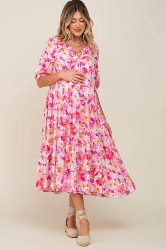 Fuchsia Floral Tiered Short Sleeve Maternity Midi Dress sold by Pinkblush