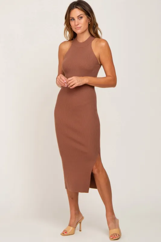 Mocha Ribbed Sleeveless Side Slit Midi Dress sold by Pinkblush