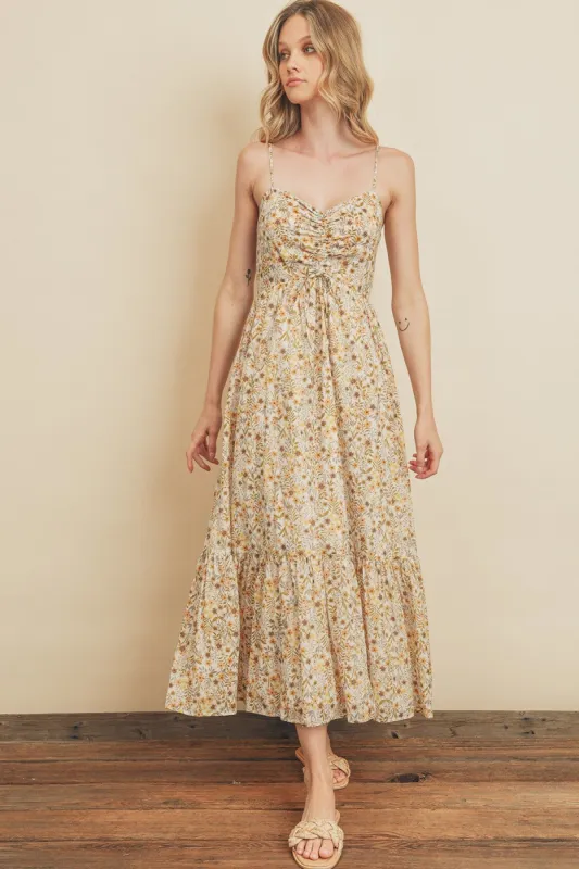 Cream Floral Cinched Top A-Line Maxi Dress sold by Pinkblush