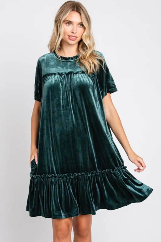 Dark Jade Ruffle Accent Velvet Dress sold by Pinkblush