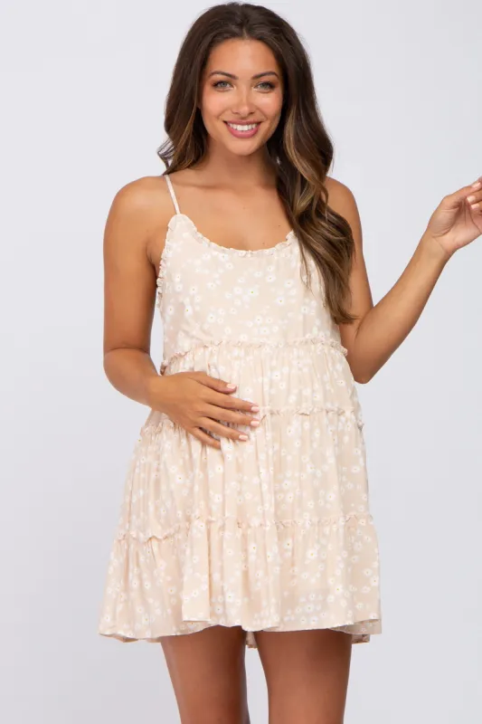 Beige Floral Sleeveless Tiered Maternity Mini Dress sold by Pinkblush