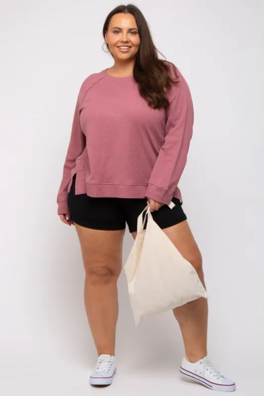 Mauve Oversized Waffle Knit Plus Long Sleeve Top sold by Pinkblush