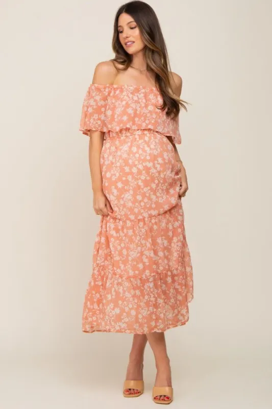 Salmon Floral Flounce Off Shoulder Maternity Midi Dress sold by Pinkblush