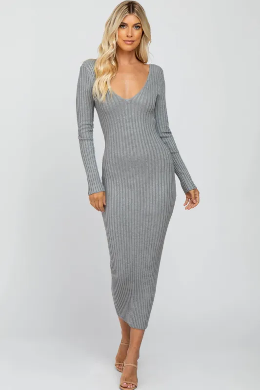Heather Grey  V-Neck Long Sleeve Fitted Maxi Dress sold by Pinkblush