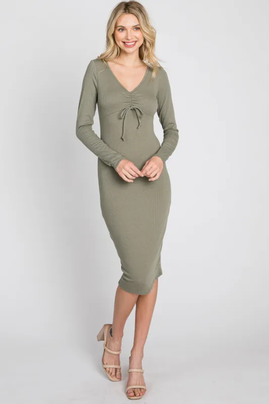 Olive Ribbed Front Drawstring Midi Dress sold by Pinkblush