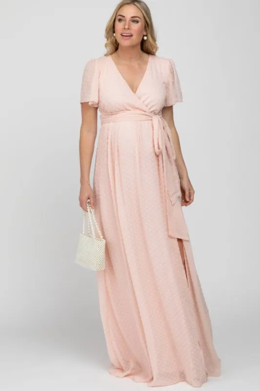 Light Pink Swiss Dot Chiffon Maternity Maxi Dress sold by Pinkblush