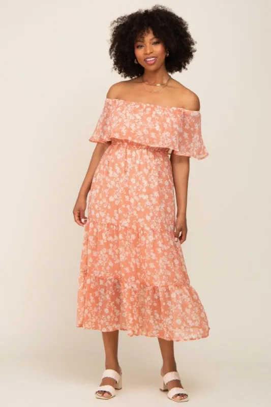 Salmon Floral Flounce Off Shoulder Midi Dress sold by Pinkblush