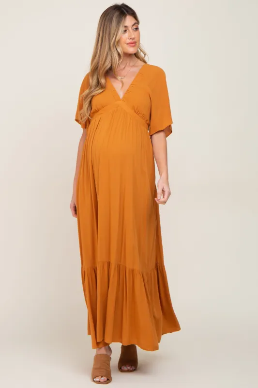 Camel V-Neck Flounce Sleeve Maternity Maxi Dress sold by Pinkblush