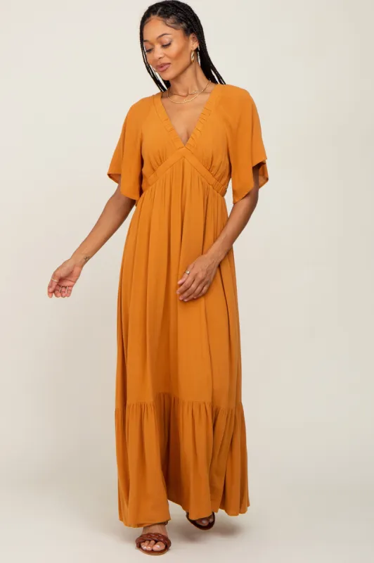 Camel V-Neck Flounce Sleeve Maxi Dress sold by Pinkblush