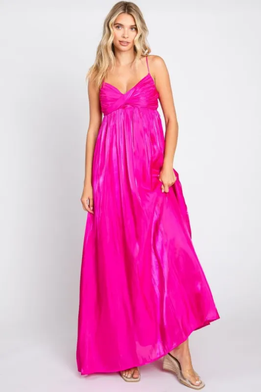 Fuchsia Sleeveless Front Twist Satin Maxi Dress sold by Pinkblush