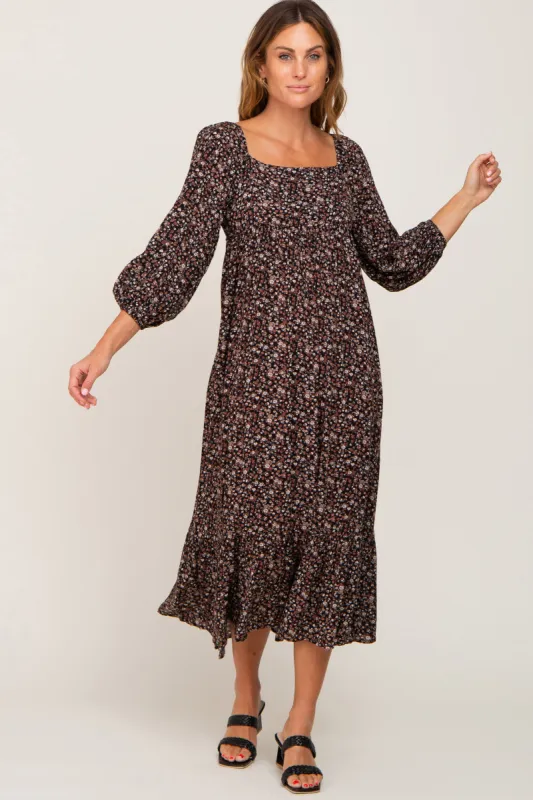 Black Floral 3/4 Sleeve Midi Dress sold by Pinkblush