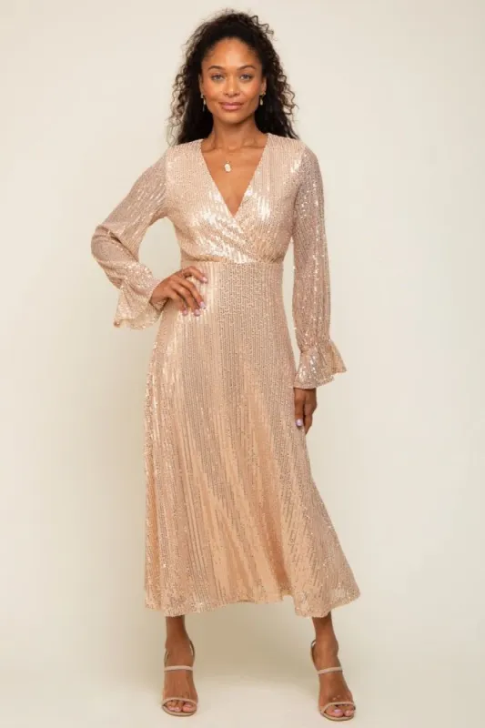 Gold Sequin Long Sleeve Wrap Maxi Dress sold by Pinkblush