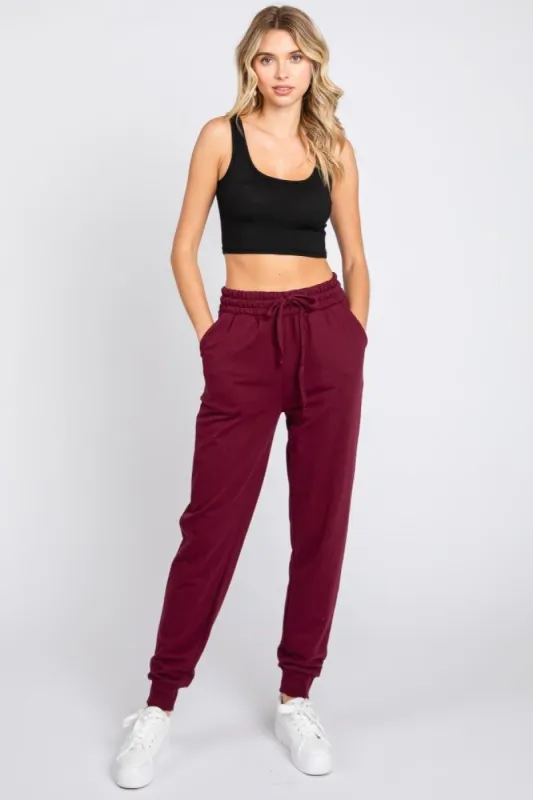 Burgundy Basic Drawstring Sweatpants sold by Pinkblush