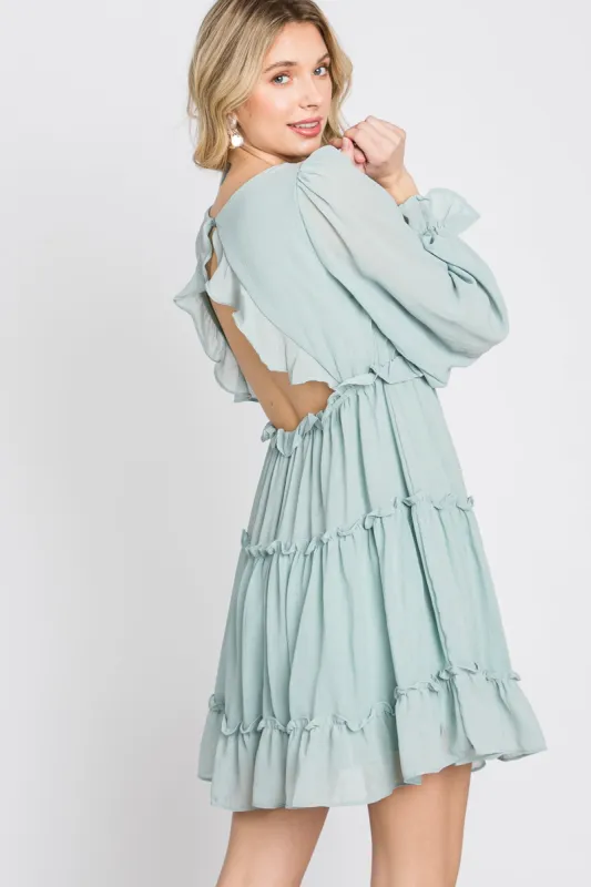 Mint Green Chiffon Ruffle Tiered Open Back Dress sold by Pinkblush