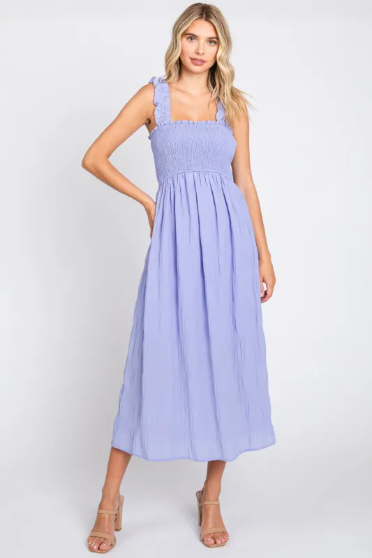 Lavender Smocked Square Neck Midi Dress sold by Pinkblush