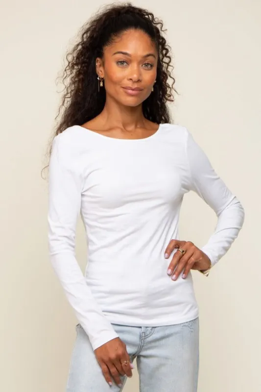 White Long Sleeve Scoop Back Top sold by Pinkblush